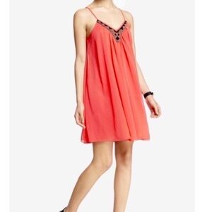 Express Beaded Dress Size Large Coral Babydoll Style Lined Colorful